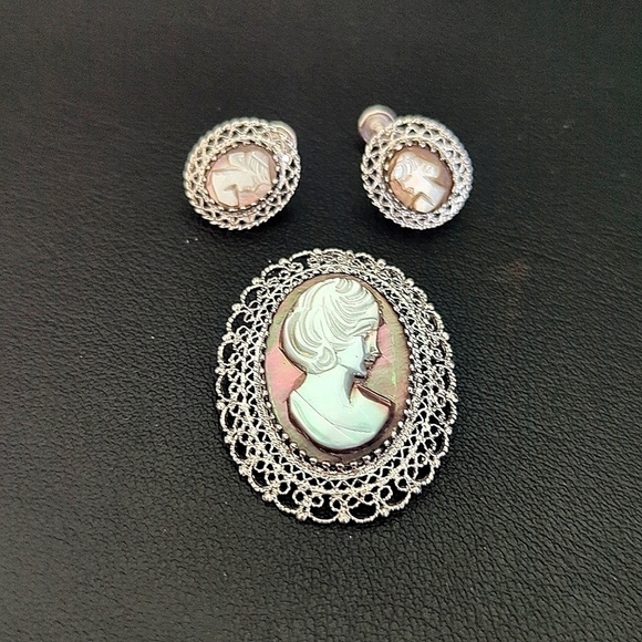 Gorgeous Ornate Sterling Silver Abalone Shell Cameo Pendant Pin Clip Earring Set - Picture 1 of 7